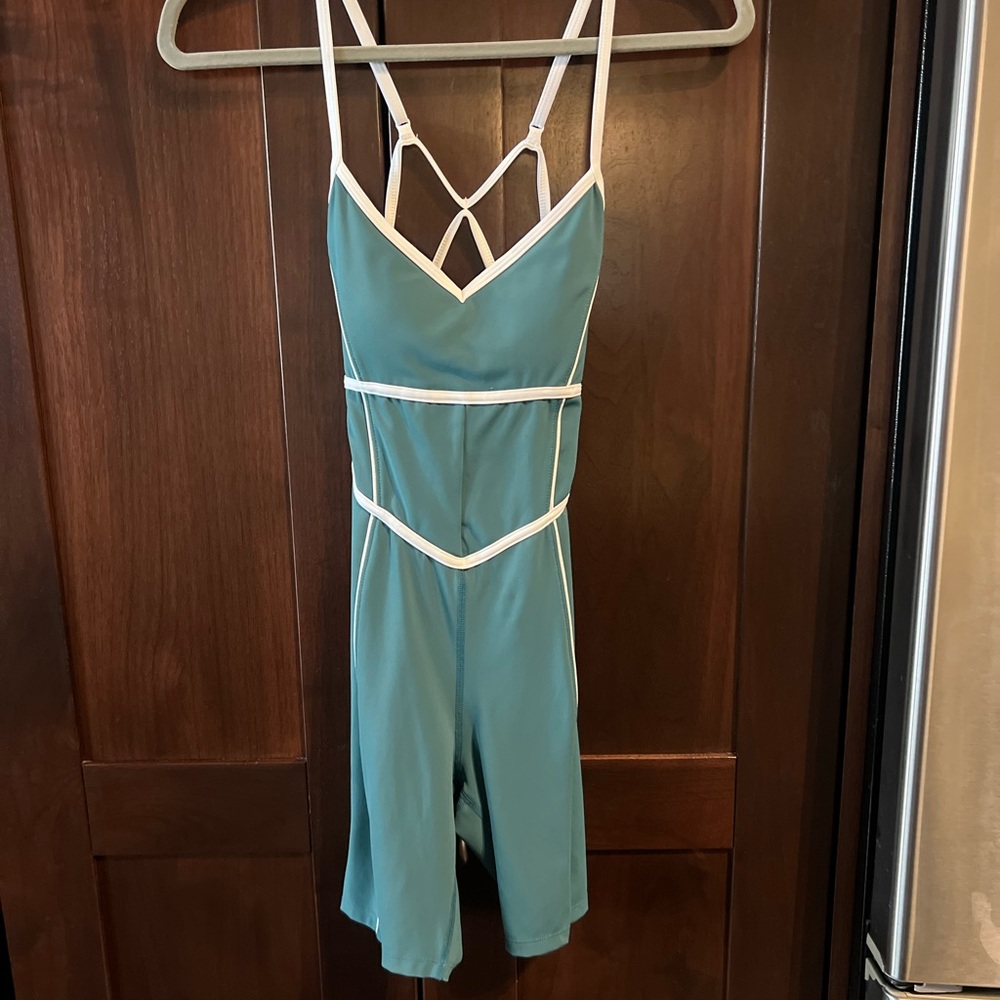 Teal Strappy Athletic Romper with White Trim